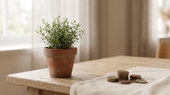 Pflanze und Münzen auf einem Tisch
