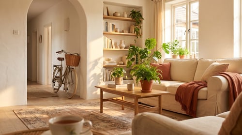 Gemütliches Wohnzimmer mit Fahrrad im Flur