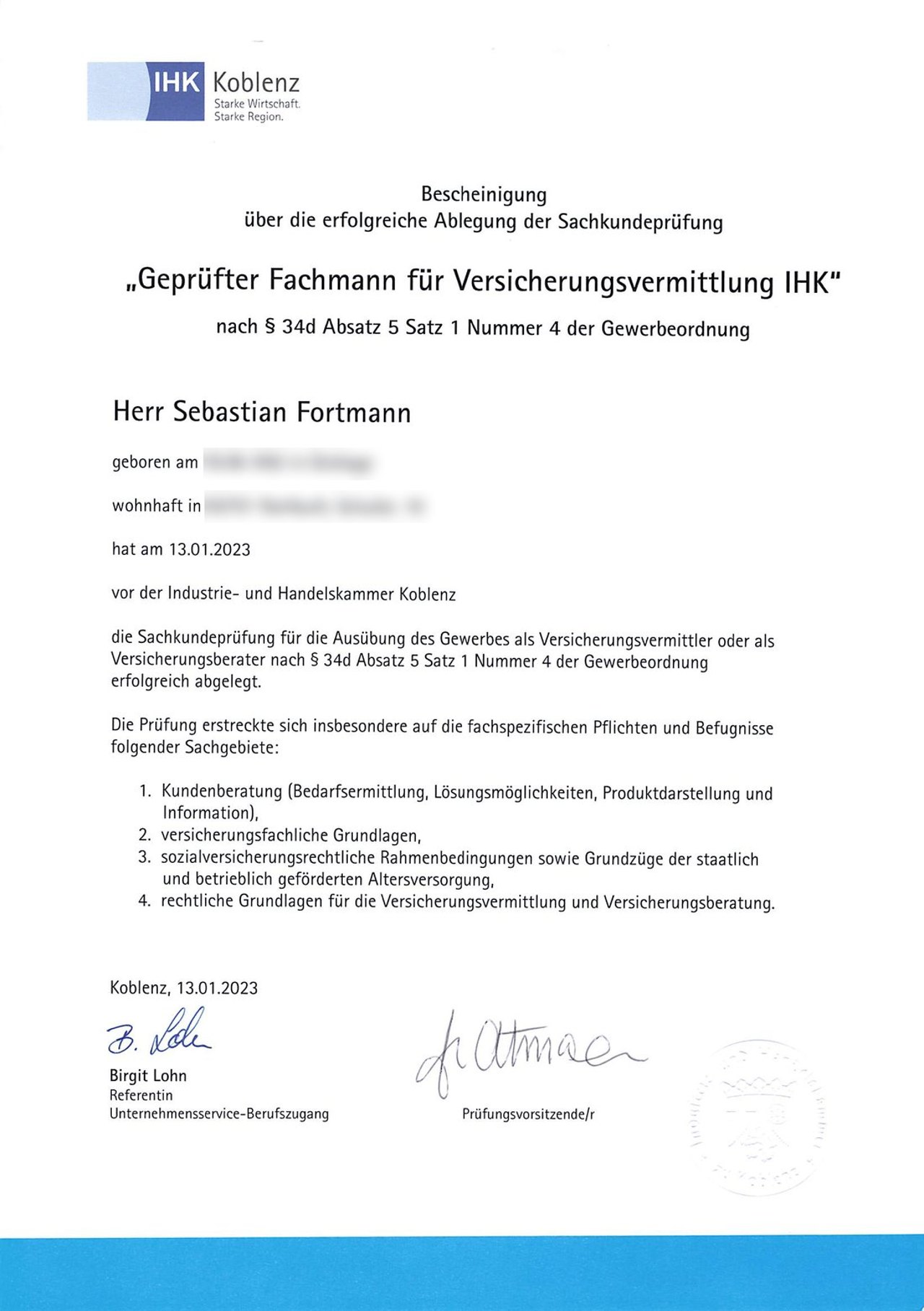 IHK-Bescheinigung: Geprüfter Fachmann für Versicherungsvermittlung IHK für Sebastian Fortmann