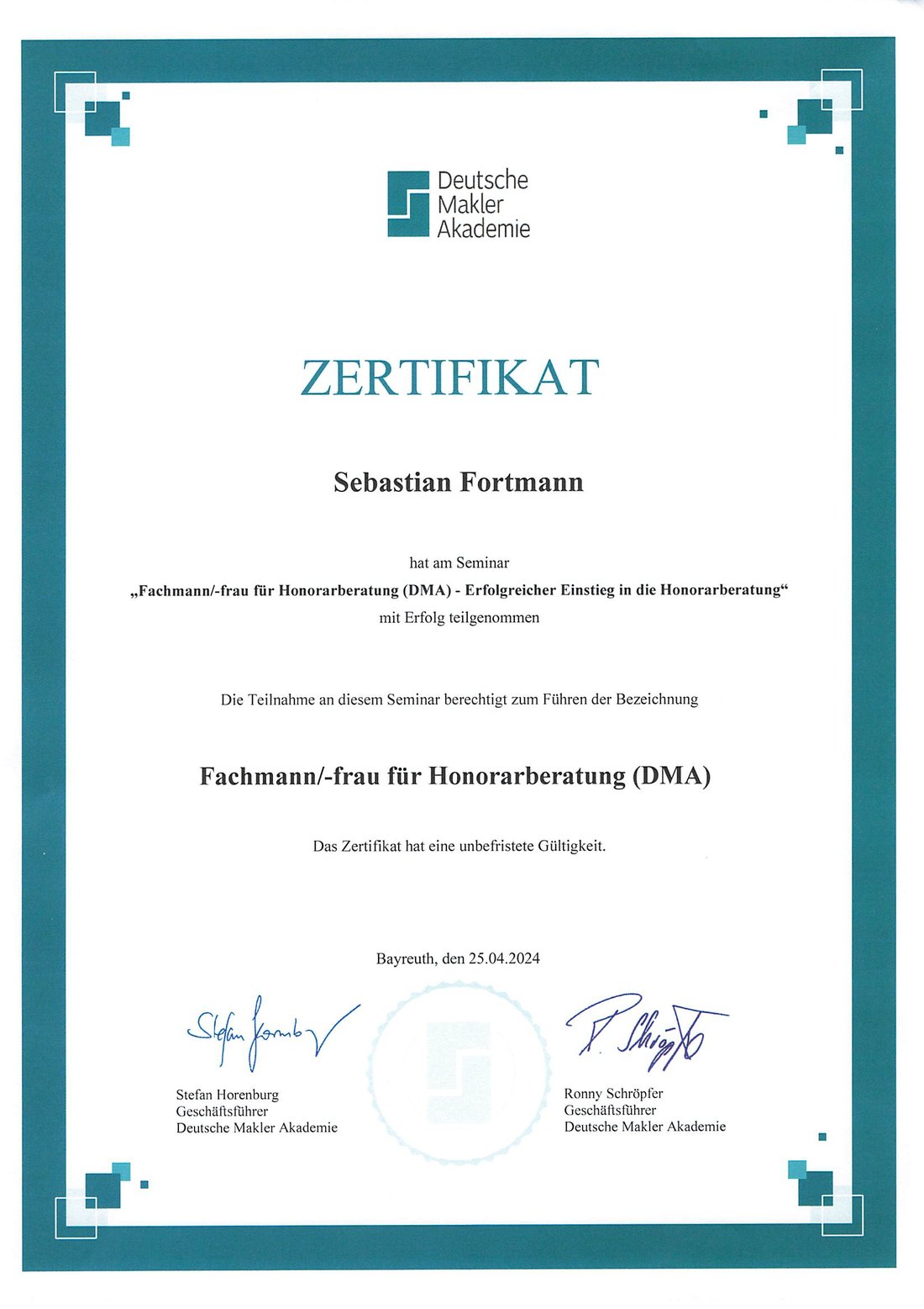 DMA-Zertifikat in voller Größe